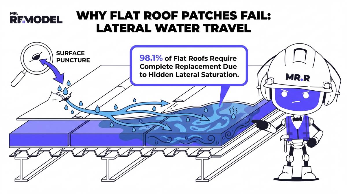 A technical cross-section diagram explaining why flat roof patch repairs fail, showing how water enters through a small surface tear and travels laterally beneath the membrane, saturating the underlying insulation.